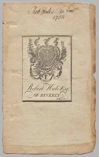 Bookplate:  Coat of Arms with Robert Hale, Esq. inscribed, by Nathaniel Hurd, 1764