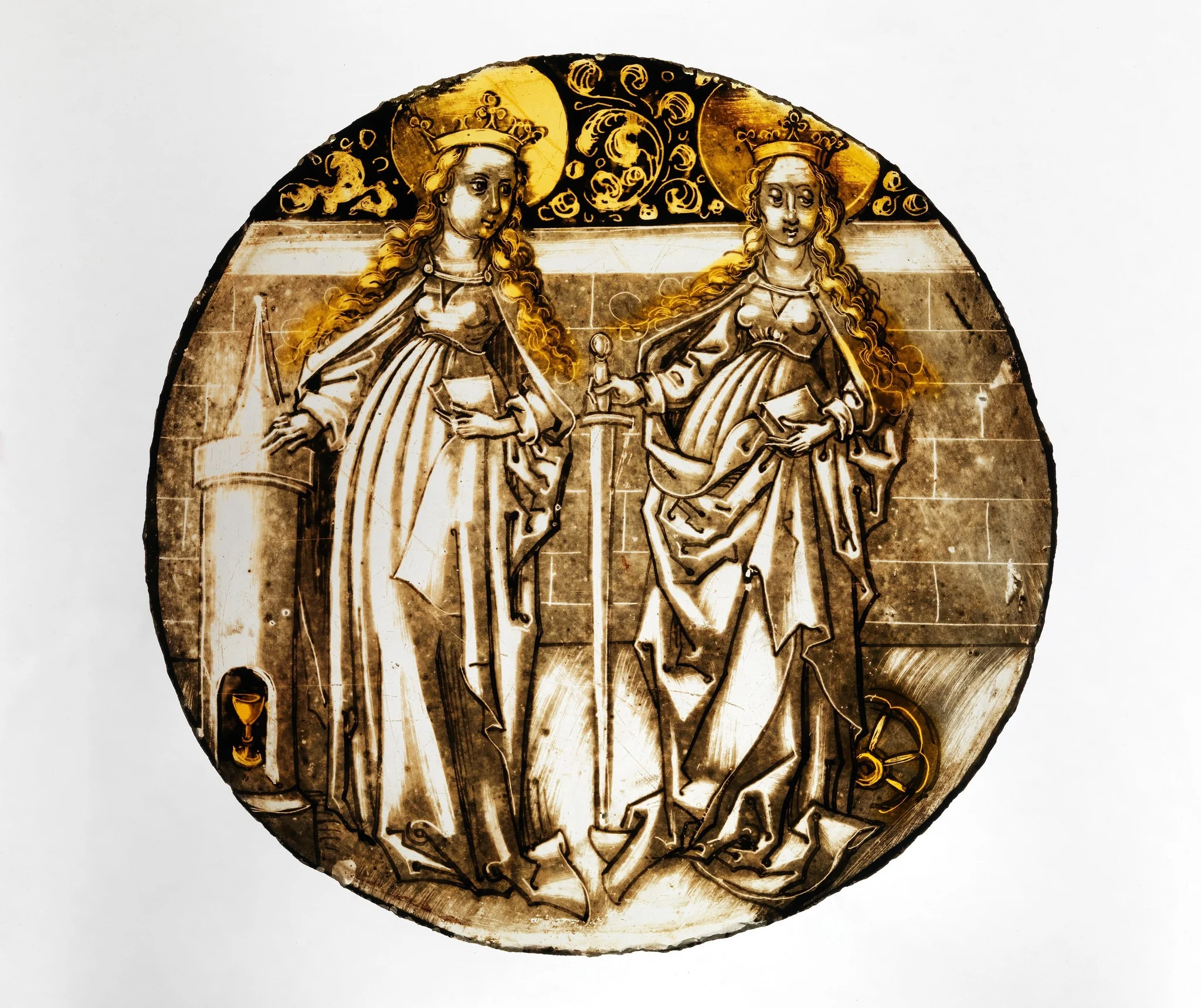 Roundel with Saints Barbara and Catherine, detail