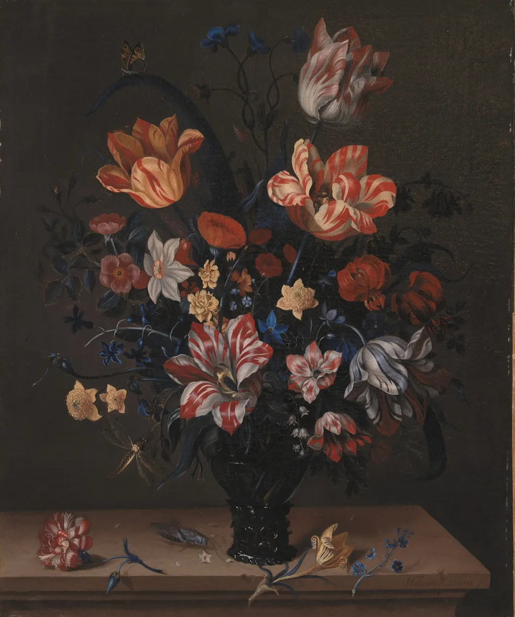 Tulips and Other Flowers in a Rummer, by Helena Roovers, oil, 1663