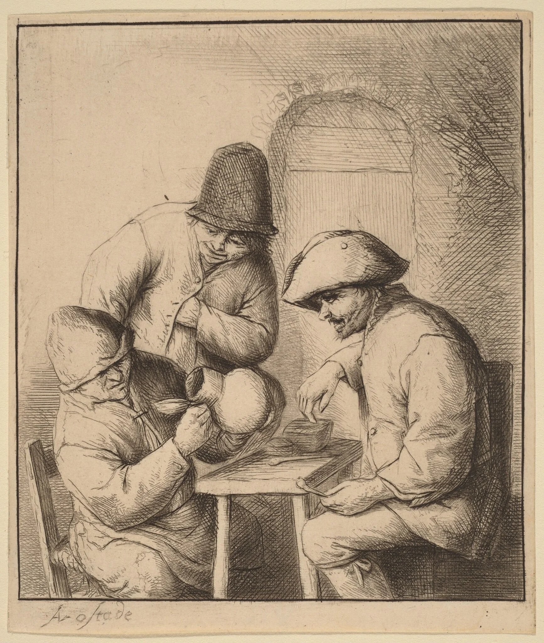 Three Peasants at an Inn, One Looking Down a Jug, detail
