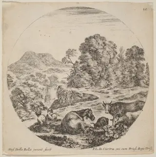 Landscape with Animals and Two Seated Shepherds, by Stefano Della Bella, ink, 1646