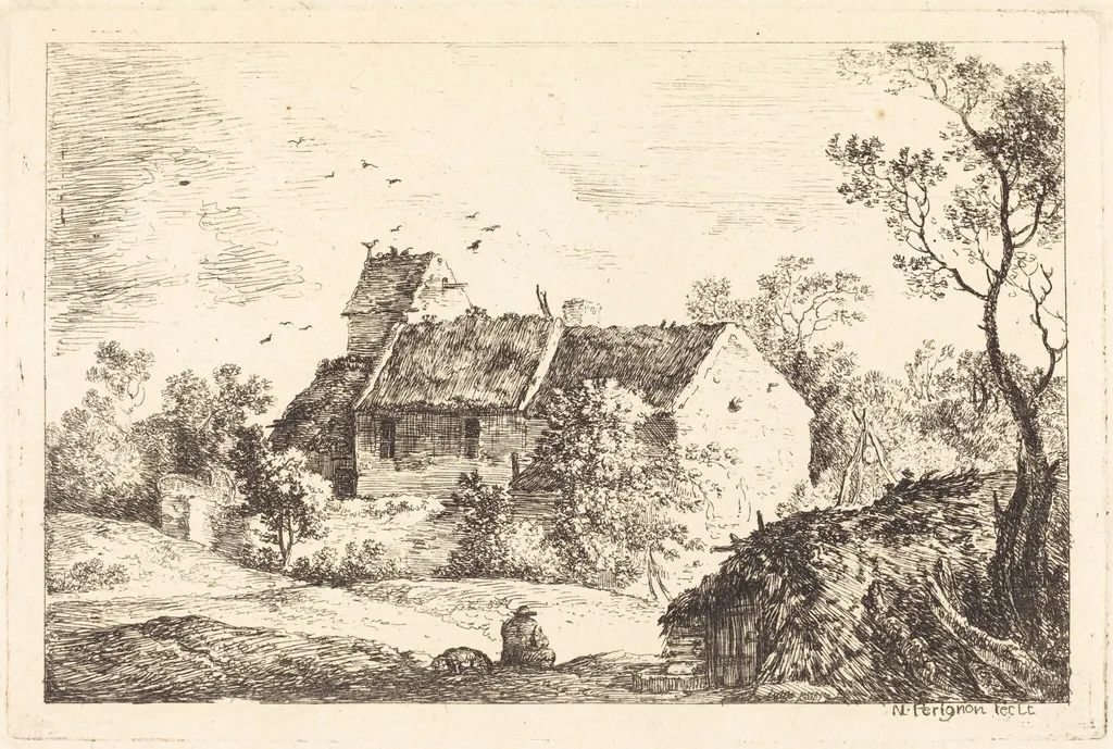 House with a Dovecote in a Rolling Landscape, by Nicolas Pérignon, ink, 1770
