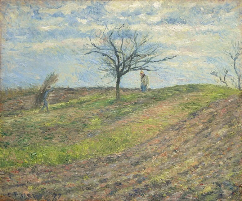 Ploughed Field in Winter with a Man Carrying a Bundle of Sticks, detail