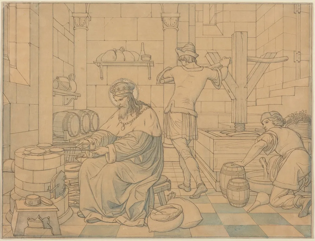 Saint Wenzel Cooking Hosts as Two Youths Press Wine, by Edward Jakob von Steinle, chalk, 1866