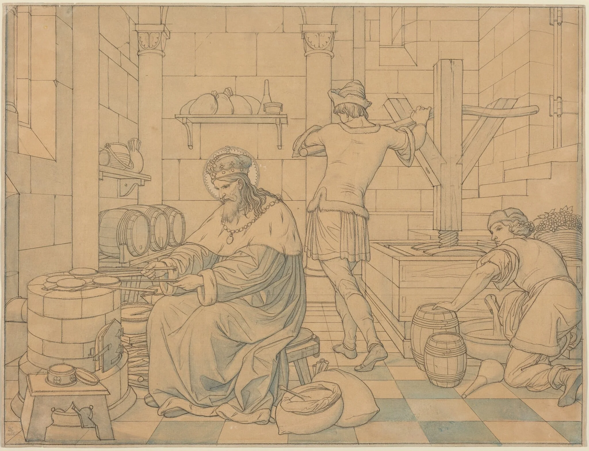 Saint Wenzel Cooking Hosts as Two Youths Press Wine, detail
