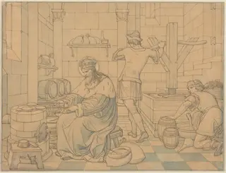 Saint Wenzel Cooking Hosts as Two Youths Press Wine, by Edward Jakob von Steinle, chalk, 1866