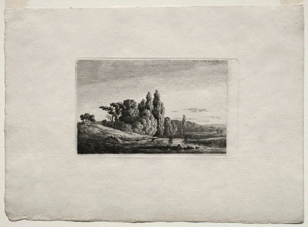 Footbridge with Cross before Trees at a River, by Caspar David Friedrich, 1803