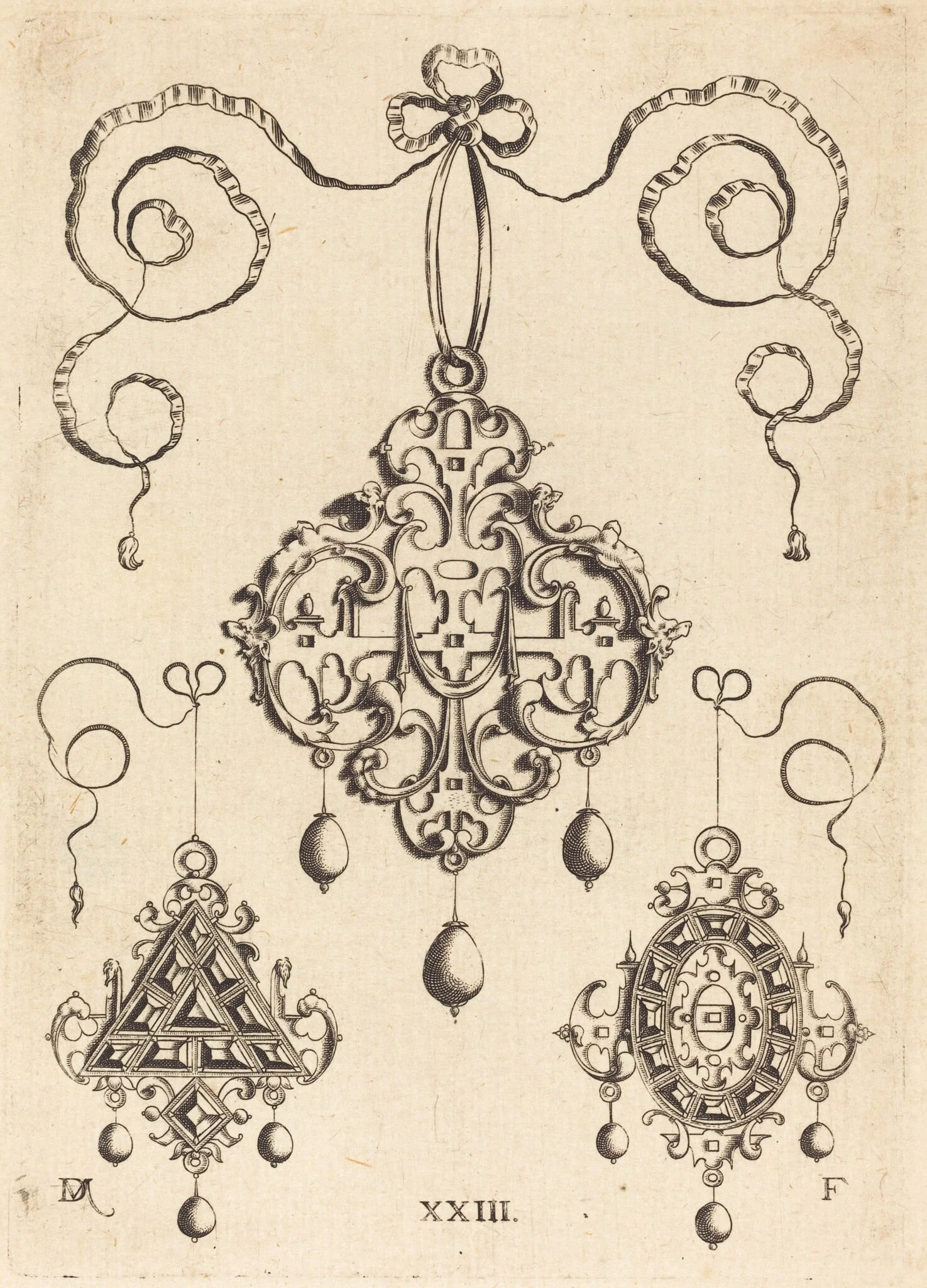 Three Strapwork Pendants, The Lower Ones Triangular and Oval, detail