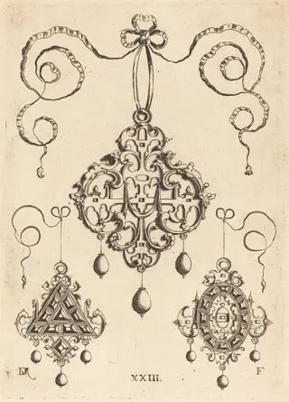 Three Strapwork Pendants, The Lower Ones Triangular and Oval, by Daniel Mignot, ink, 1584