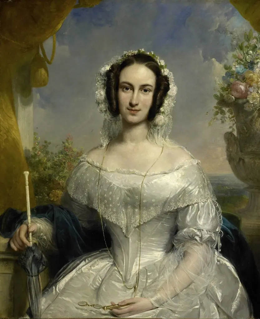 Agatha Petronella Hartsen (1814-78). In bruidstoilet ter gelegenheid van haar huwelijk met Jan van der Hoop op 17 maart 1841, by Jan Willem Pieneman, oil, 1841