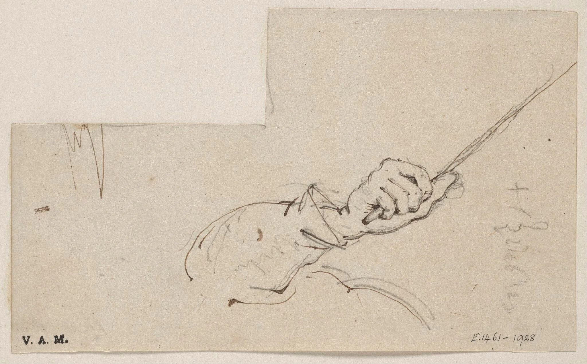 An arm and hand holding a stick, detail