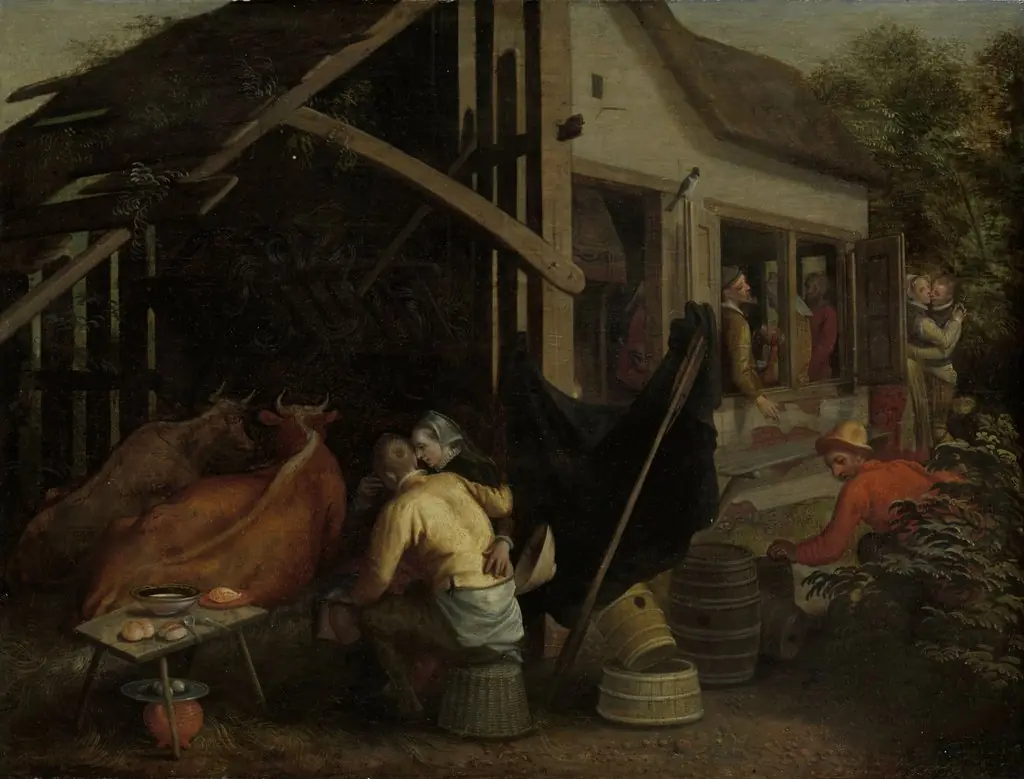 Couples making love at a country inn, by Aert Pietersz, oil, 1590