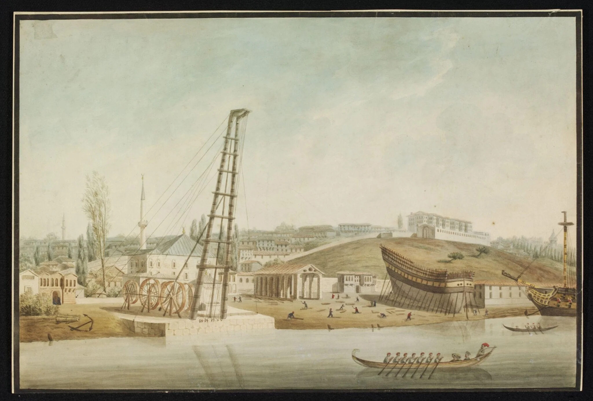 Kasim Pasa, the former Ottoman Naval Arsenal, showing a crane and a ship under construction, detail