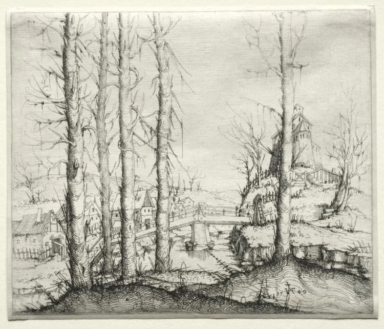 River Landscape with Five Bare Spruce Trees in the Foreground, detail
