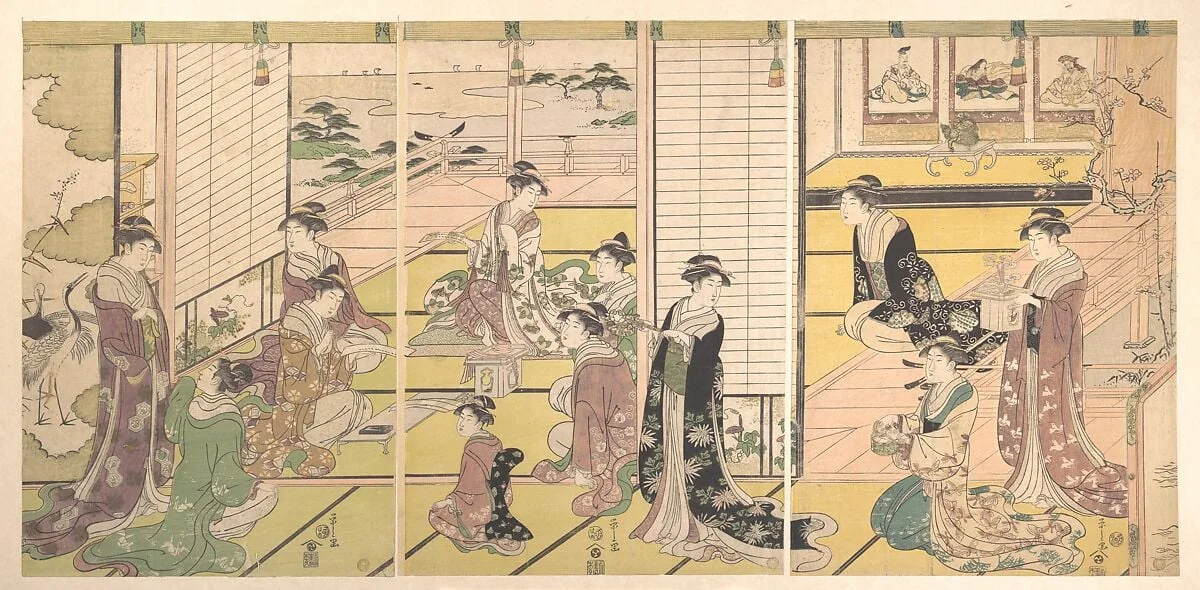 鳥文斎栄之画 和歌三神図|Honoring the Three Gods of Poetry: Women Composing Poems, detail