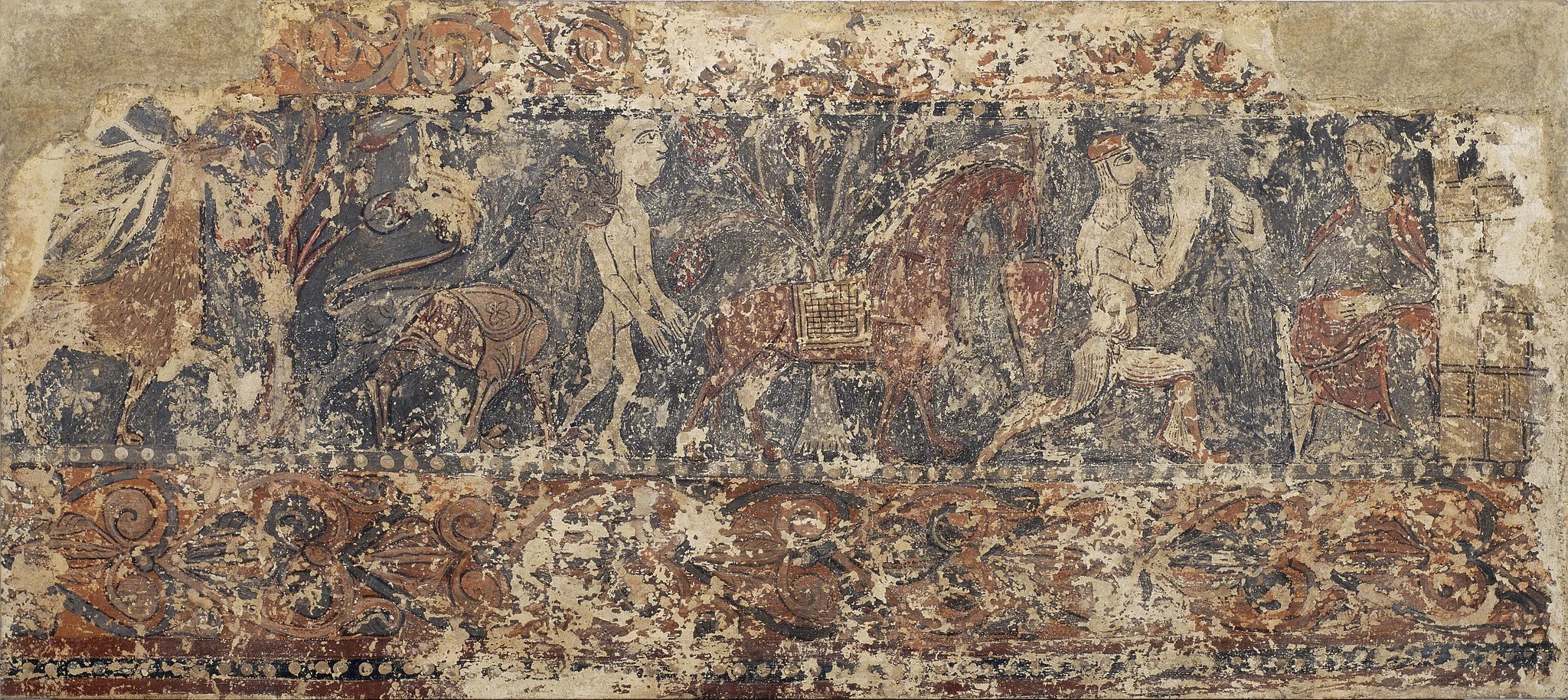 Profane paintings from Sigena: Deer eating fruit from a tree, lion holding a naked man and dismounted knight kneeling before a lady on a throne, detail
