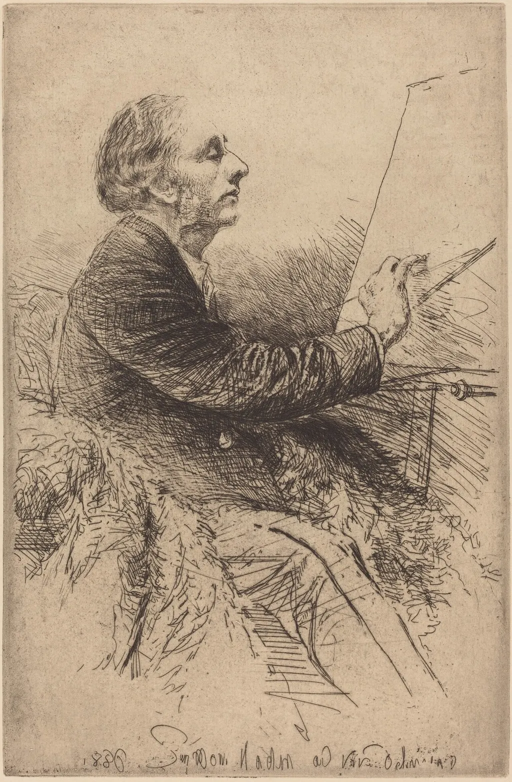 Self-Portrait at the Easel, by Francis Seymour Haden, ink, 1880