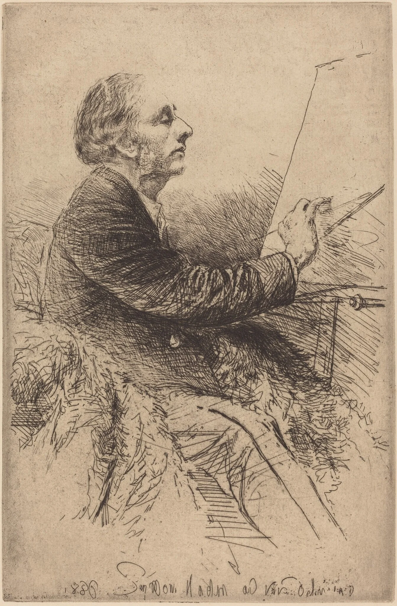 Self-Portrait at the Easel, detail