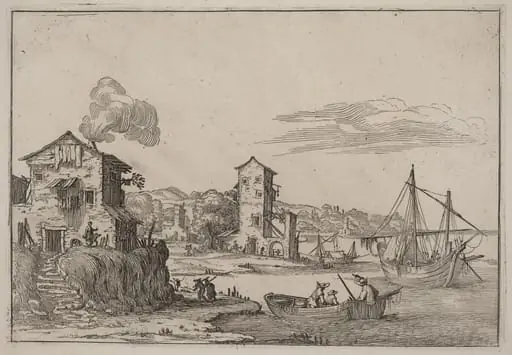 Rustic Seaport, by Ercole Bazicaluva, ink, 1638