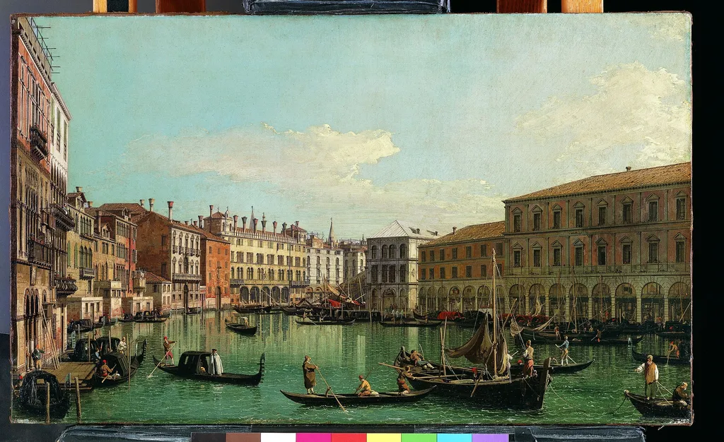 The Grand Canal, Venice, Looking South toward the Rialto Bridge, by Canaletto, oil, 1734