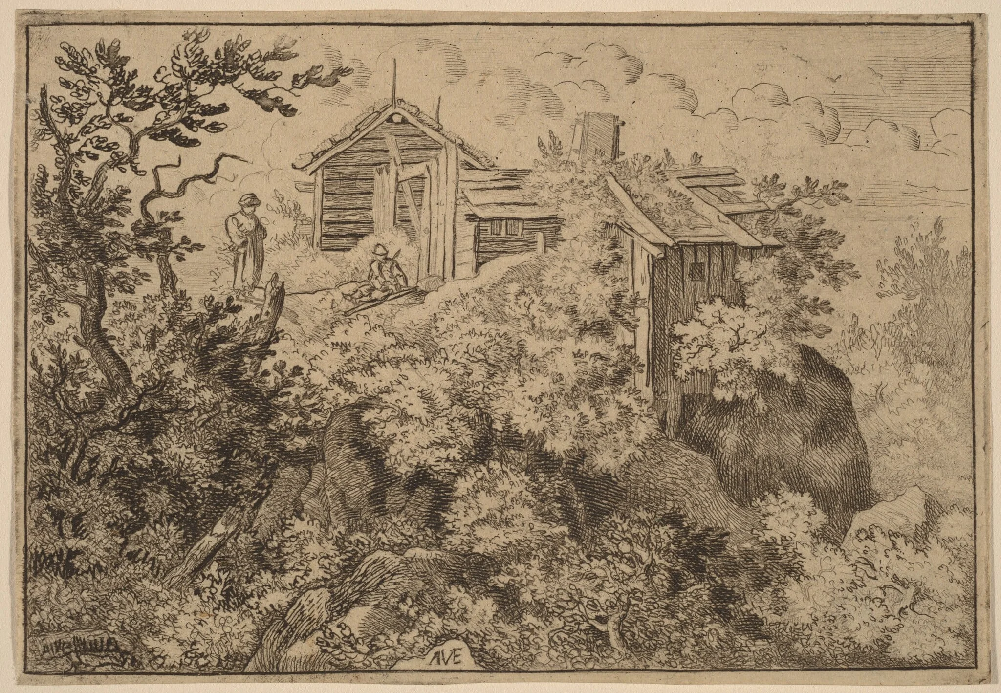 Three Cottages on a Rock, detail