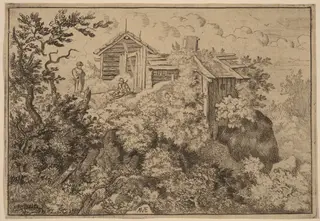 Three Cottages on a Rock, by Allart van Everdingen, ink, 1650