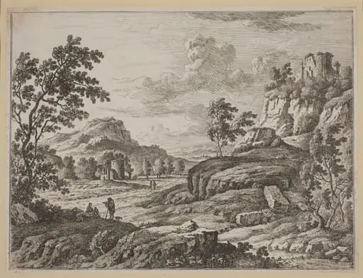 Landscape with Two Ruined Towers, by Johann Christoph Dietzsch, ink, 1740
