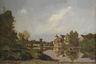 A Farmhouse, by Henri Harpignies, oil, 1875