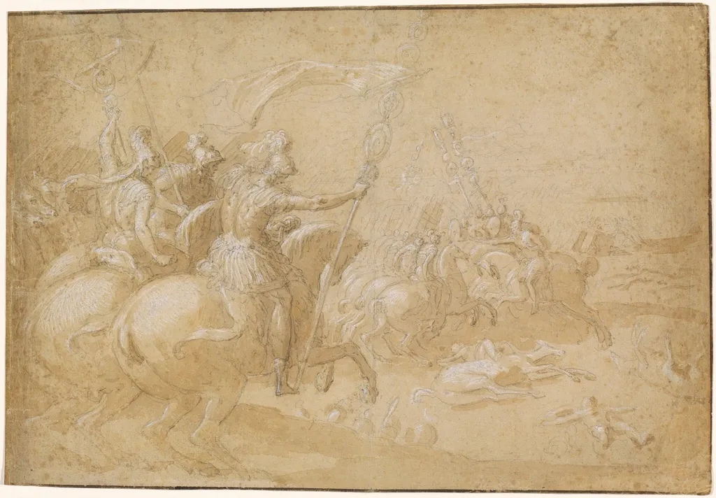 Ancient Roman Warriors Riding into Battle, by Antoine Caron, chalk, 1597