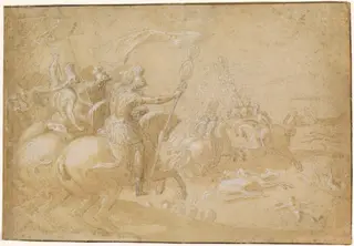 Ancient Roman Warriors Riding into Battle, by Antoine Caron, chalk, 1597