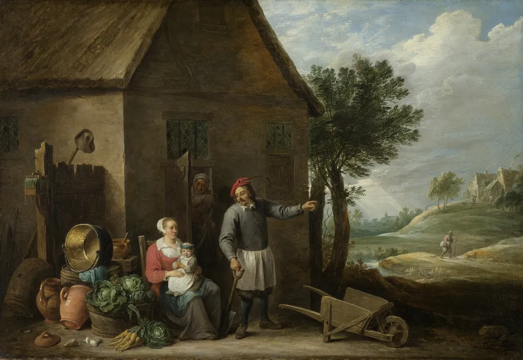A peasant with his wife and child in front of the farmhouse, by David Teniers the Younger, oil, 1650