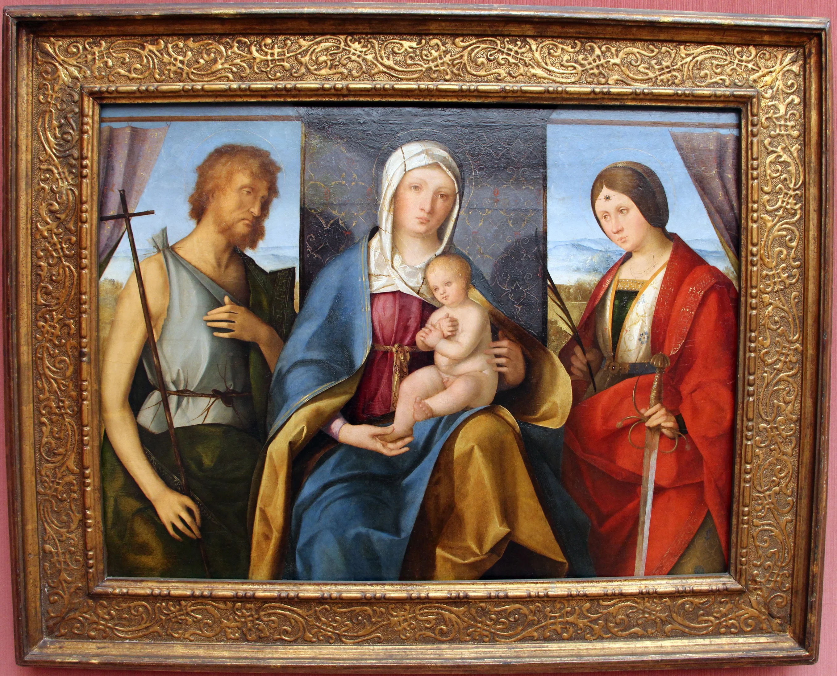Thronende Maria mit d. Kind und den Heiligen Johannes dem Täufer und Katharina von Alexandrien, detail