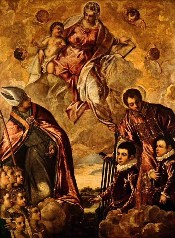 A Venetian Family Presented to the Virgin by Saint Lawrence and a Bishop Saint, detail