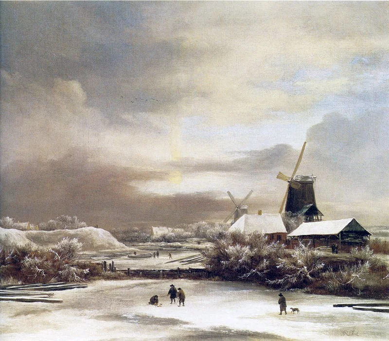 Winter Landscape with Two Windmills, detail