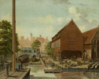 The Shipyard 'D'Hollandsche Tuin' on Bickers Eiland, Amsterdam, by Pieter Godfried Bertichen, oil, 1823