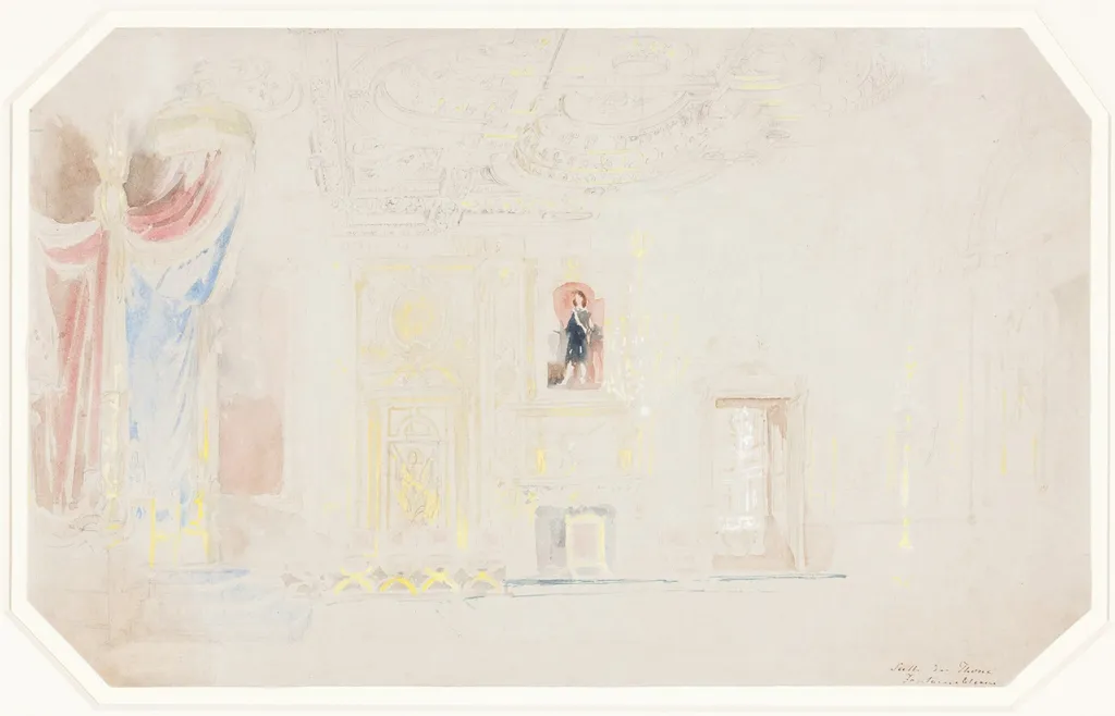 The Throne Room at Fontainebleau, by Thomas Allom, graphite, 1845