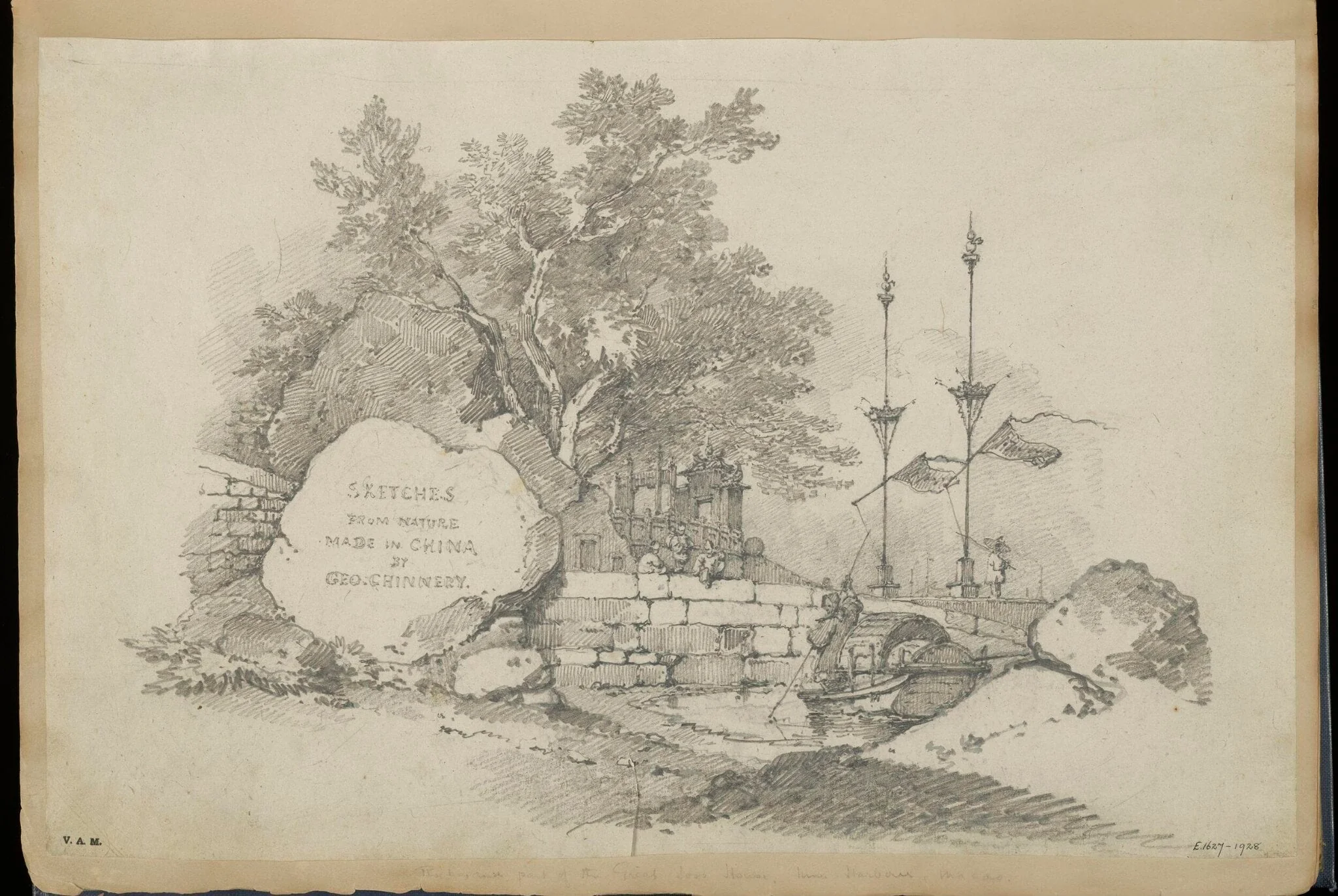 Vignette of the A-Ma Temple, Macau, for a titlepage inscribed 'Sketches from Nature made in China by Geo. Chinnery', detail