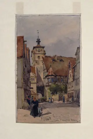 Street scene, Rotenburg, showing the White Tower and the Judentanzhaus, by Wilfrid Williams Ball, watercolor, 1891