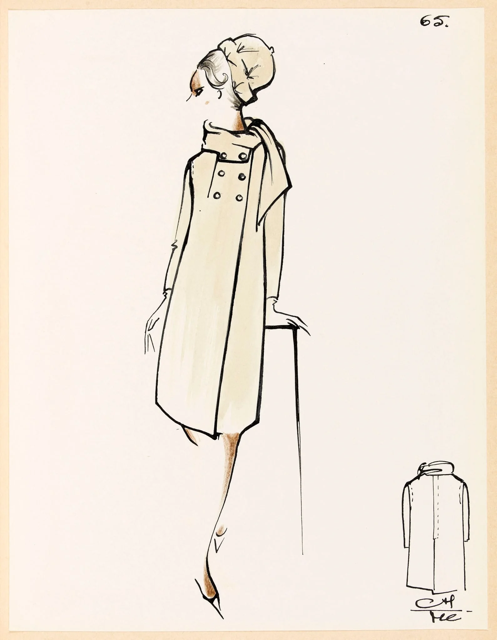 Manteau crème à col cravate et chapeau assorti, detail