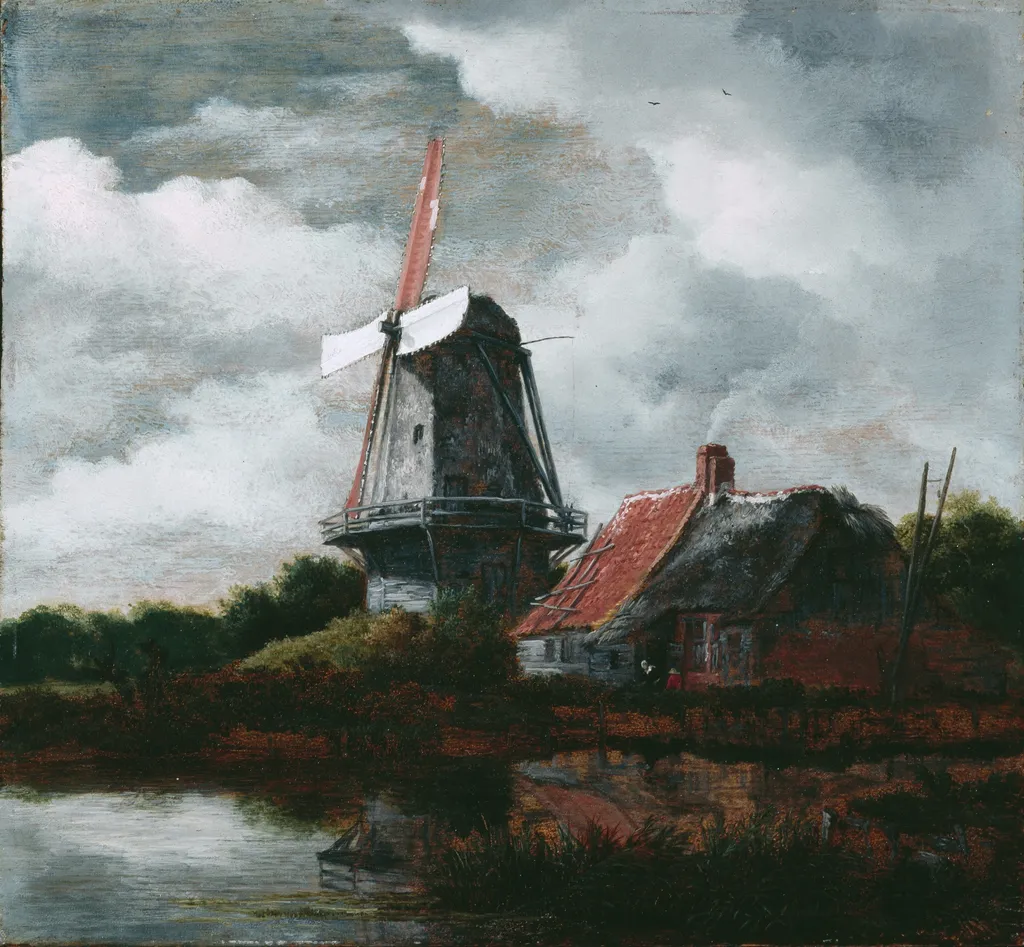 Landscape with a Farm House and Windmill, by Jacob van Ruisdael, oil