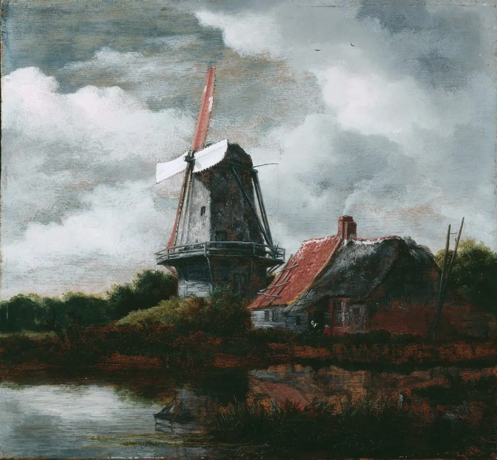 Landscape with a Farm House and Windmill, by Jacob van Ruisdael, oil
