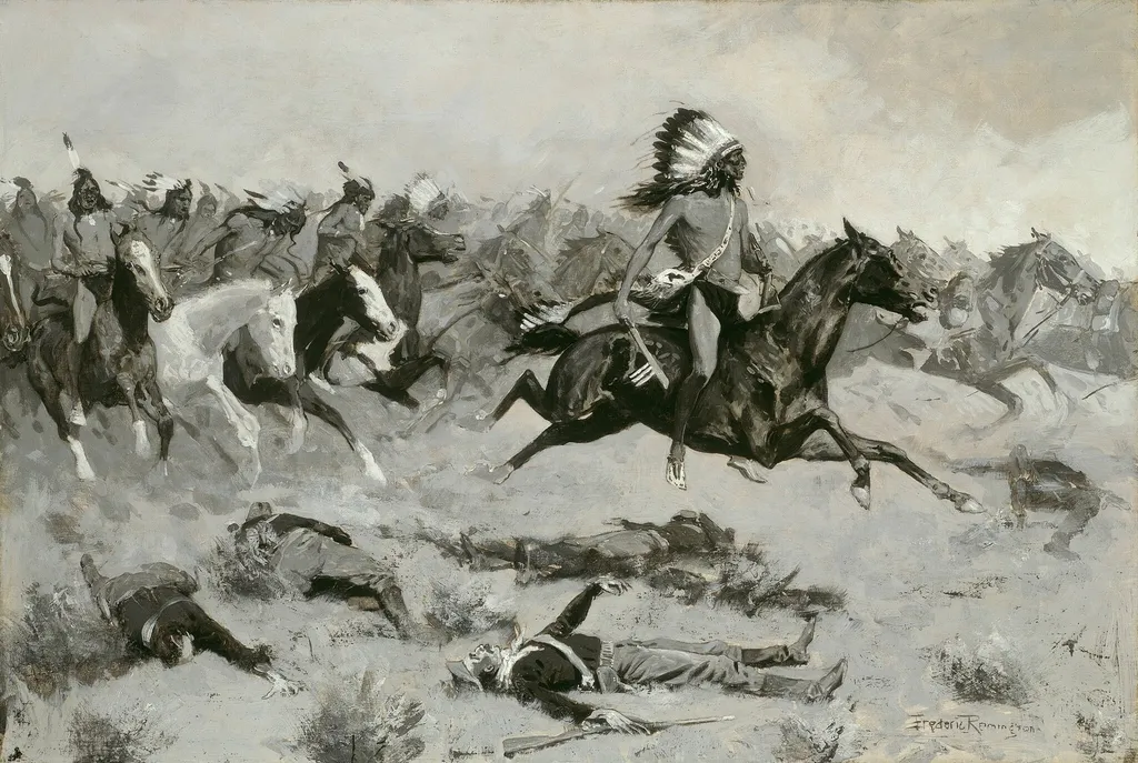 Rushing Red Lodges Passed through the Line, by Frederic Remington, oil, 1900