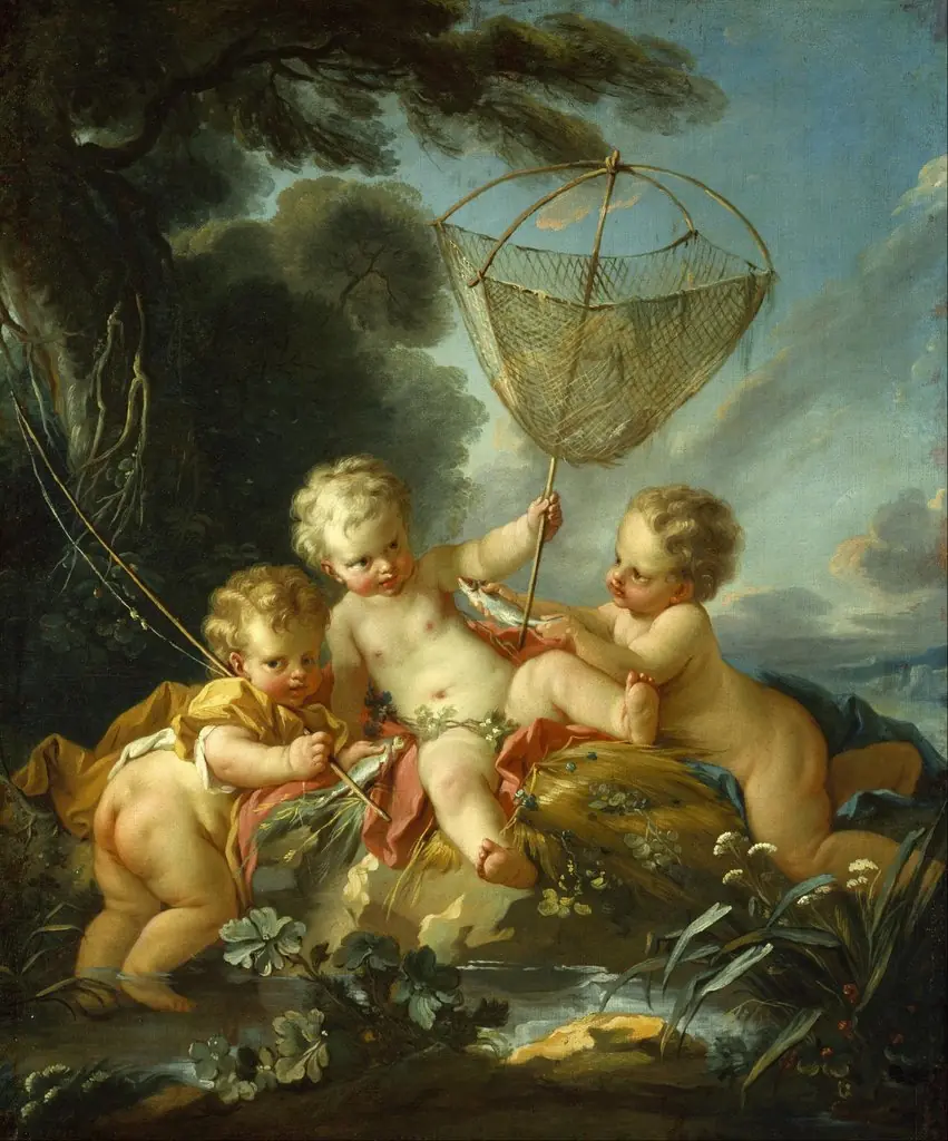 Putti as Fisherman, by François Boucher, oil, 1744