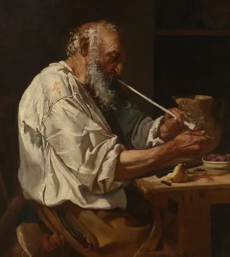 Old Man Lighting a Pipe, by Johann Carl Loth, oil, 1660
