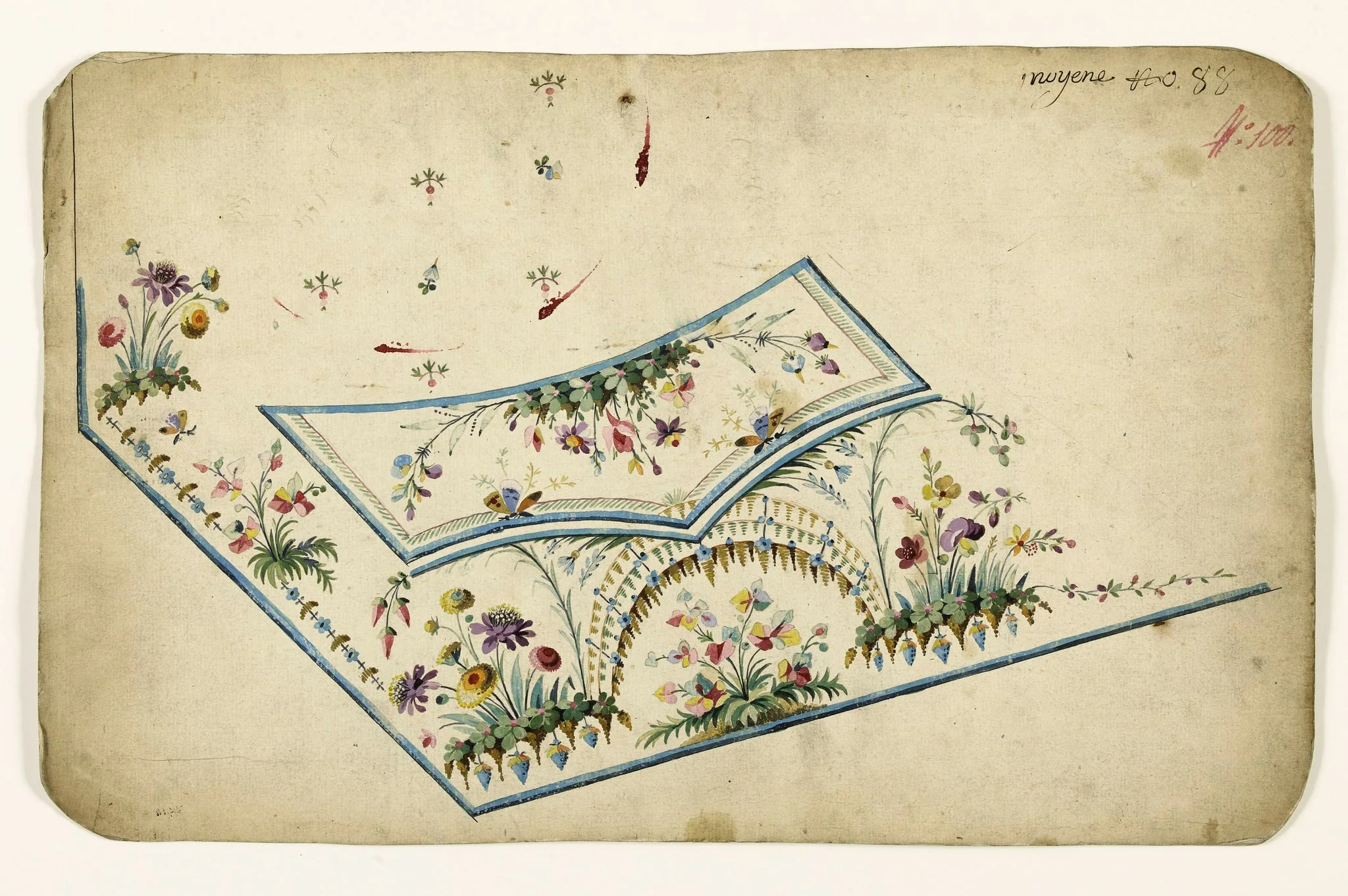 Composition en bouquets de fleurs multicolores et motifs de grappes rayonnants, projets de broderies de gilet, XVIIIème siècle, detail
