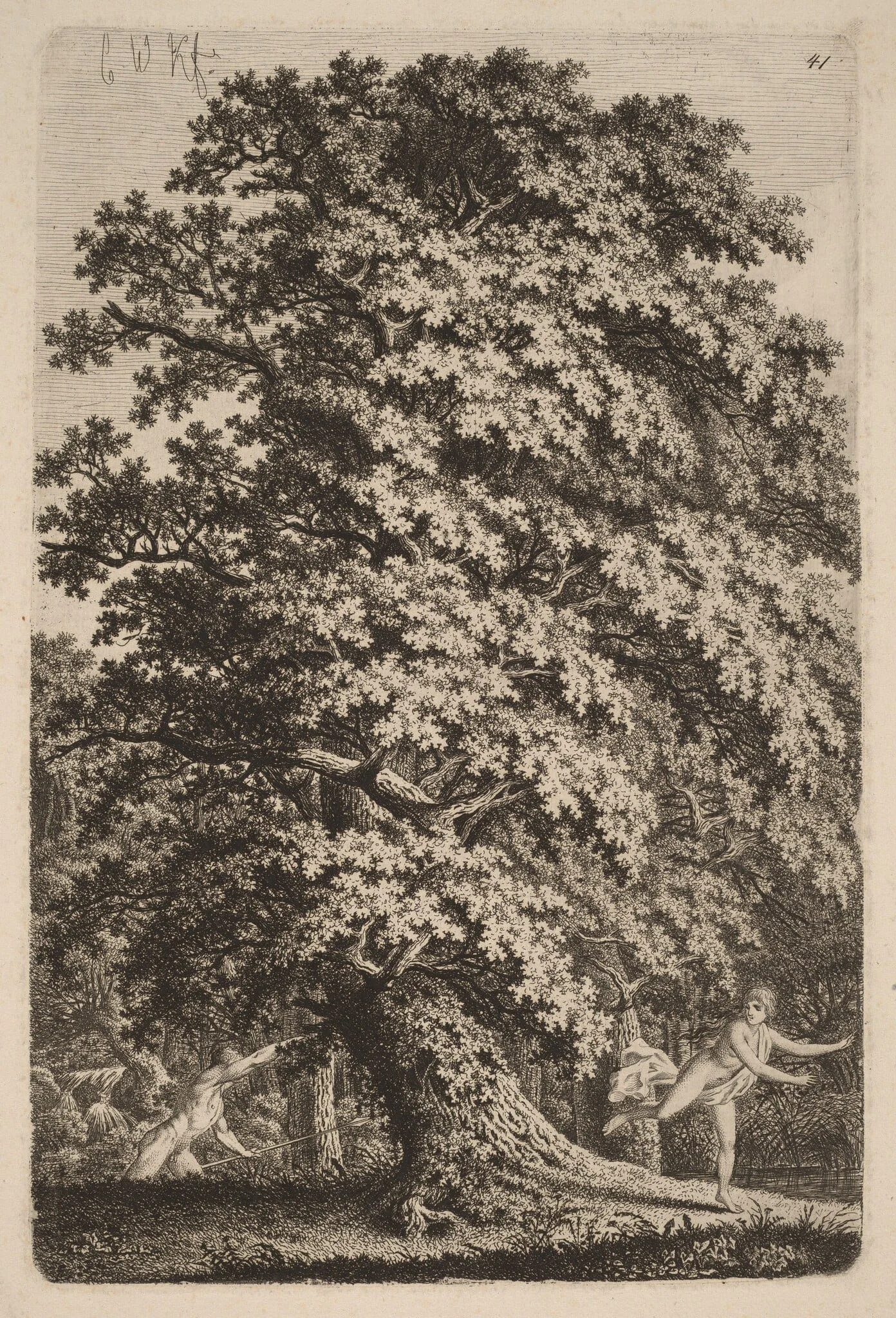 A Large Oak Tree in Gehölz. A Young Man with a Spear Follows a Young Girl., detail