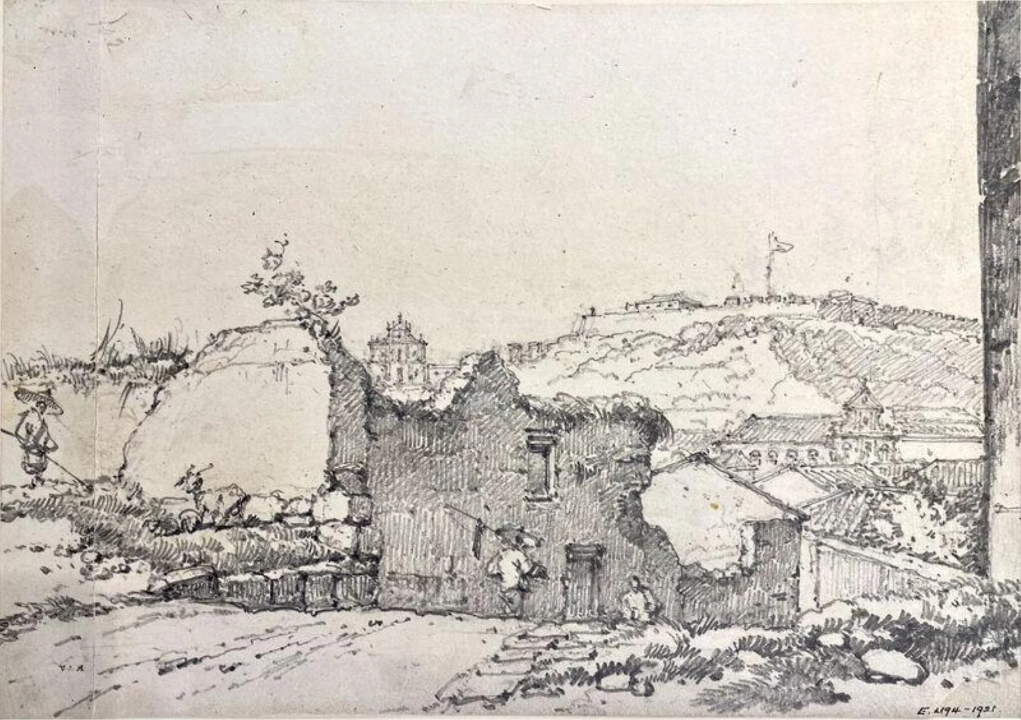 Ruinous buildings, Macau, with distant views of the façade of S. Paulo, Monte Fort and S. Domingos Church, detail