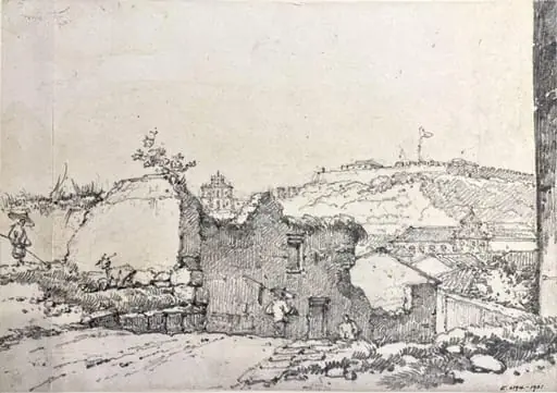 Ruinous buildings, Macau, with distant views of the façade of S. Paulo, Monte Fort and S. Domingos Church, by George Chinnery, 19