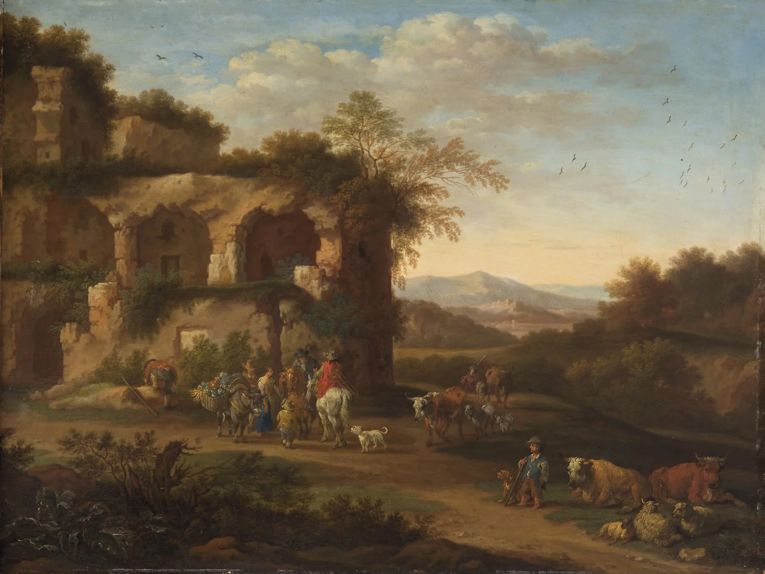 Italian landscape with antique ruins and herders, detail