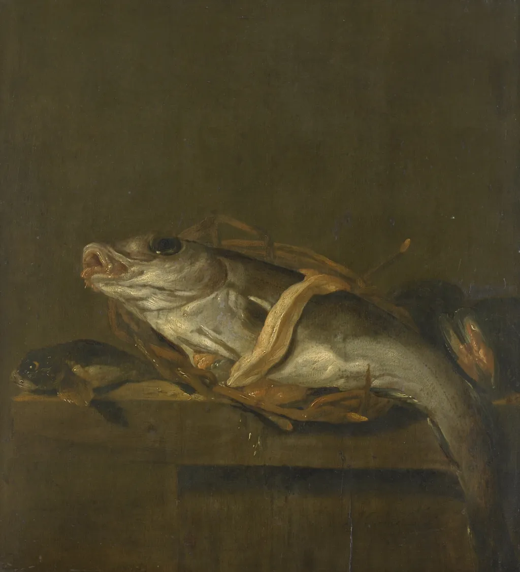 Still life with a haddock and a gurnard, by Jan Vonck, oil, 1650